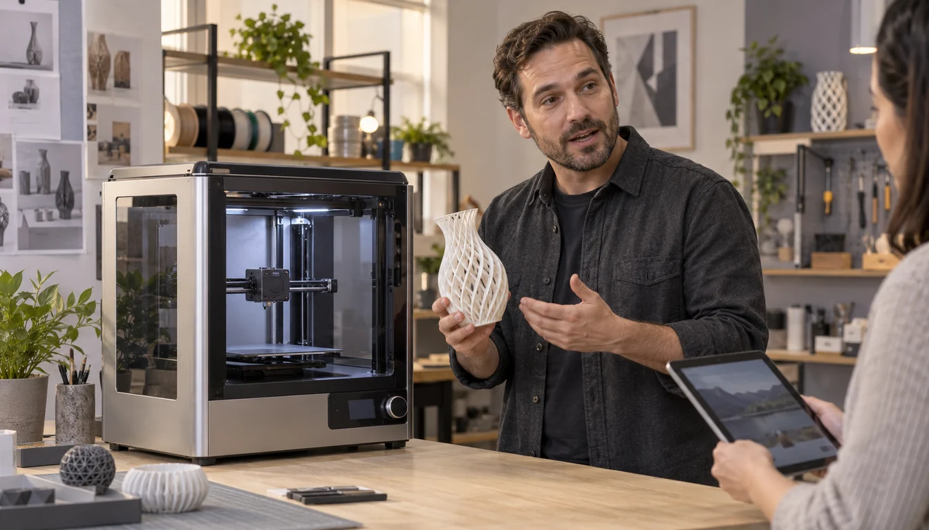 A product expert explains a desktop 3D printer and shows a finished printed object while a colleague follows on a tablet.