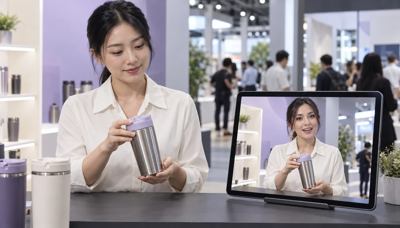 A woman demonstrates a real insulated tumbler at a trade fair. A nearby tablet shows a different presenter with the same product, clothing and hand movements.