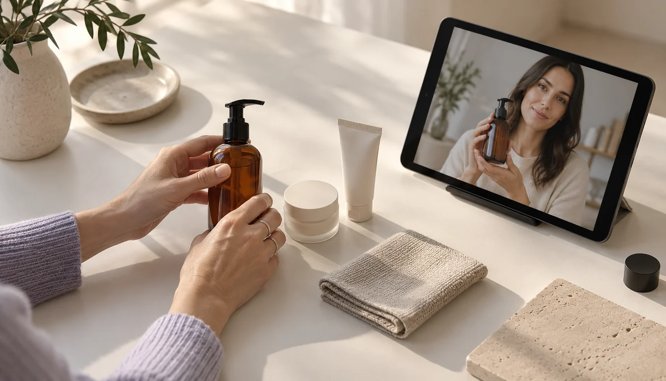 A shop owner arranges skincare products beside a tablet showing a product presentation.