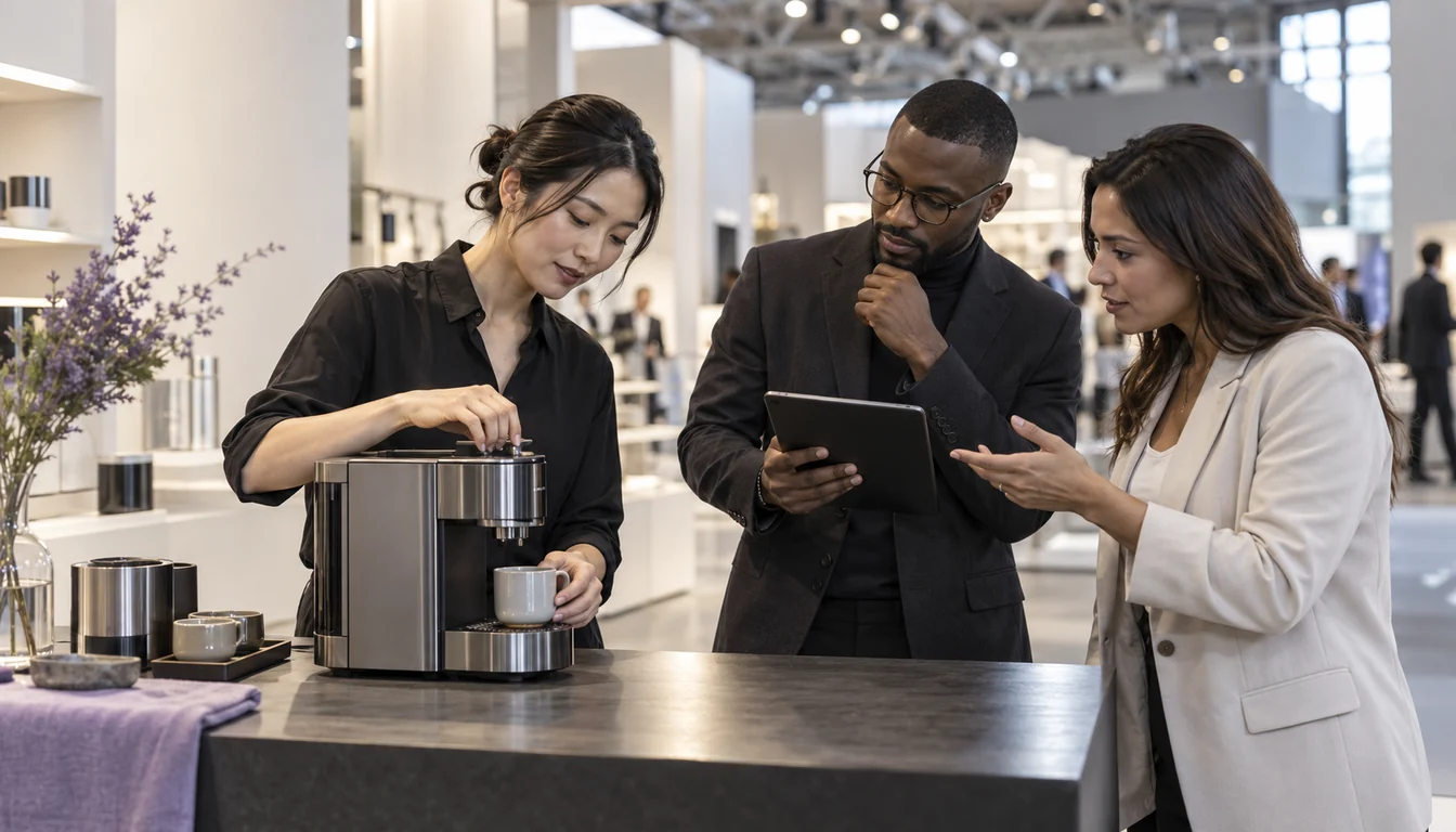 Three retail professionals prepare a coffee-machine demonstration together at a trade-fair counter.