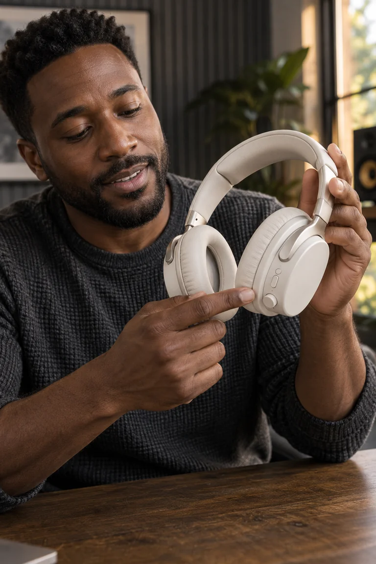 A presenter demonstrates wireless headphones in a modern electronics studio.