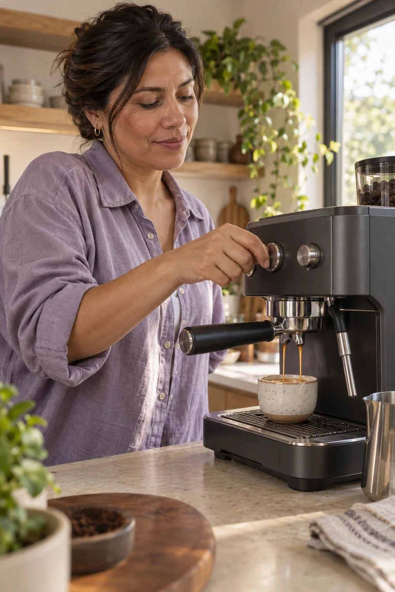 A presenter demonstrates a coffee maker beside a cup and coffee accessories.