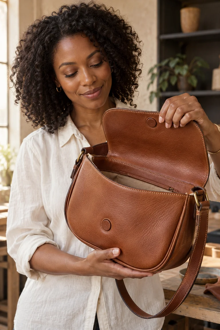 A presenter displays an unbranded handbag in a fashion showroom.
