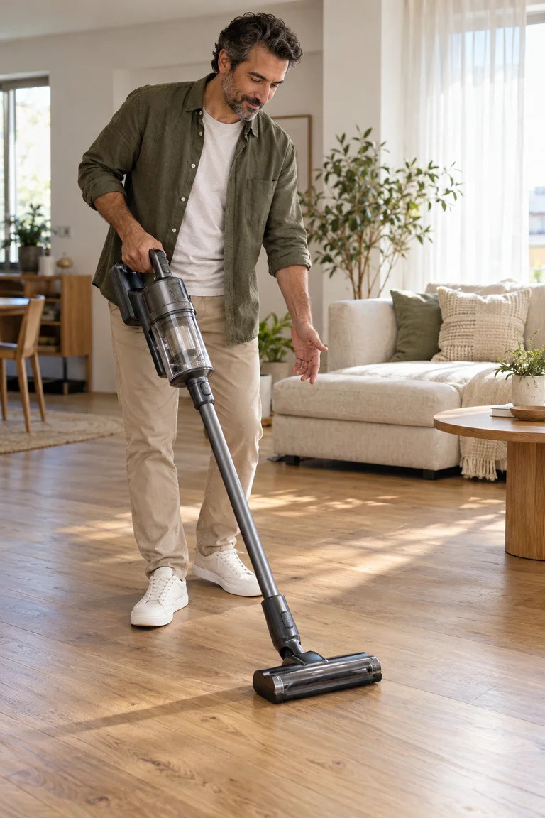 A presenter demonstrates a home cleaning appliance in a contemporary living space.