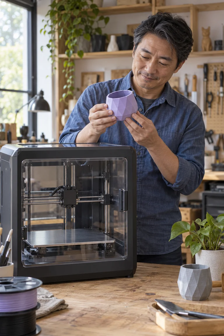 A presenter demonstrates an unbranded desktop 3D printer beside a printed object.