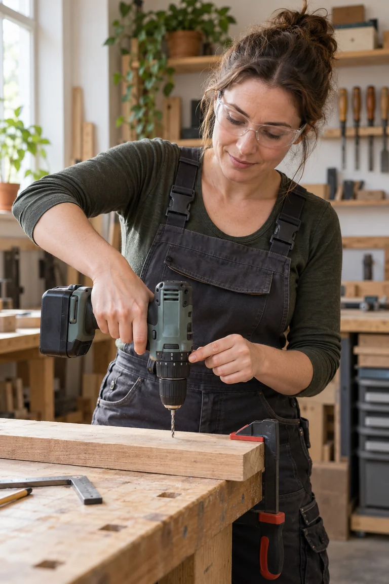 A presenter demonstrates a cordless tool at an organized workbench.