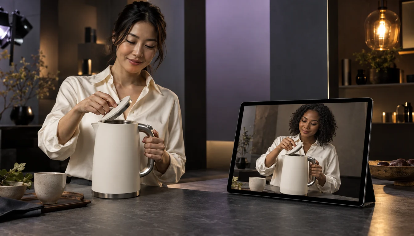 A real demonstrator presents a kettle while a tablet shows a different virtual seller demonstrating the same kettle.