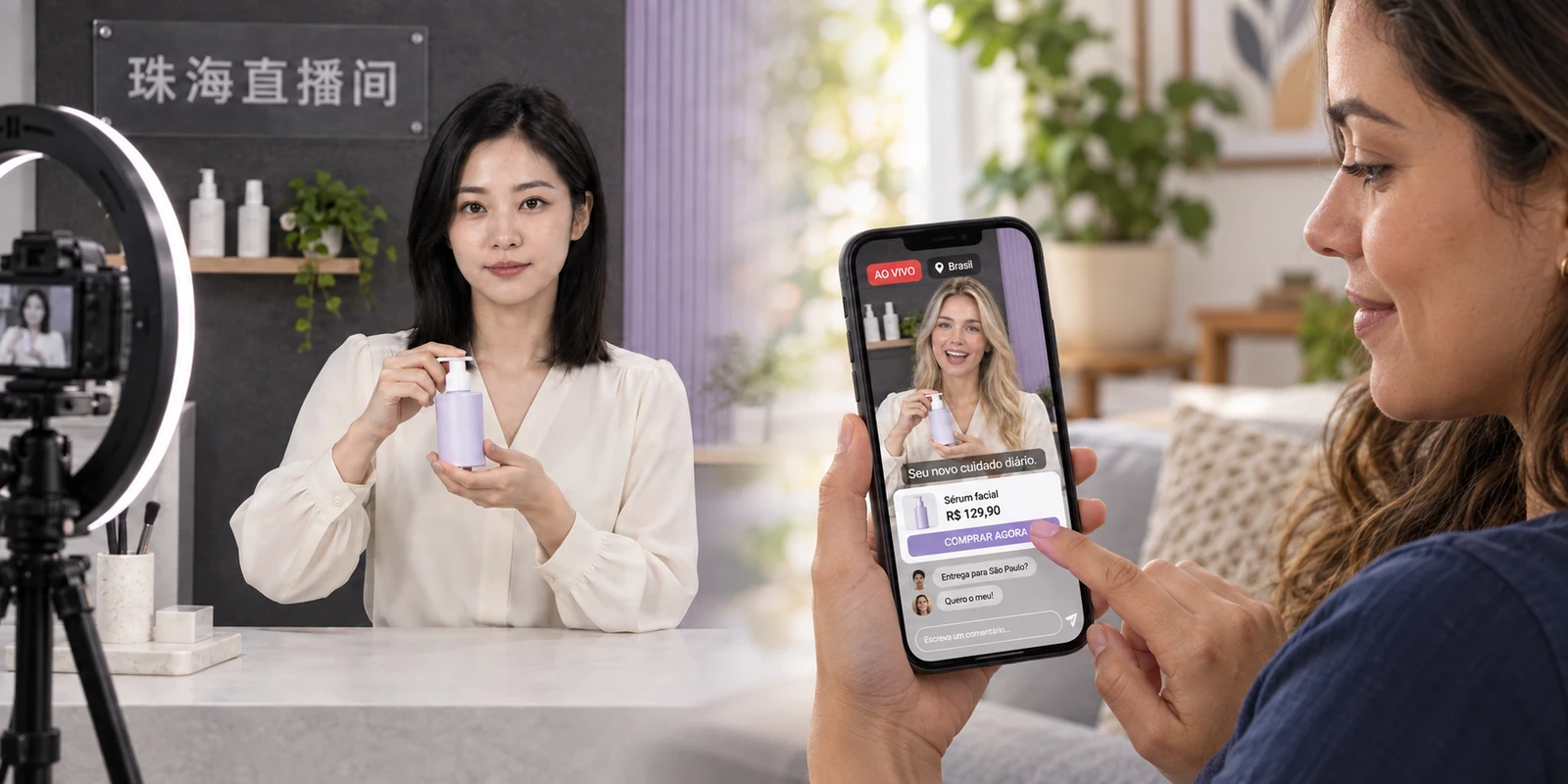 Concept illustration with a soft, static transition between two simultaneous scenes: on the left, an adult Chinese woman demonstrates a product in a livestream studio; on the right, an adult Brazilian woman looks at one phone and taps BUY NOW. The phone screen shows the same outfit, product and studio, with a blonde presenter’s head and Portuguese live-shopping text.