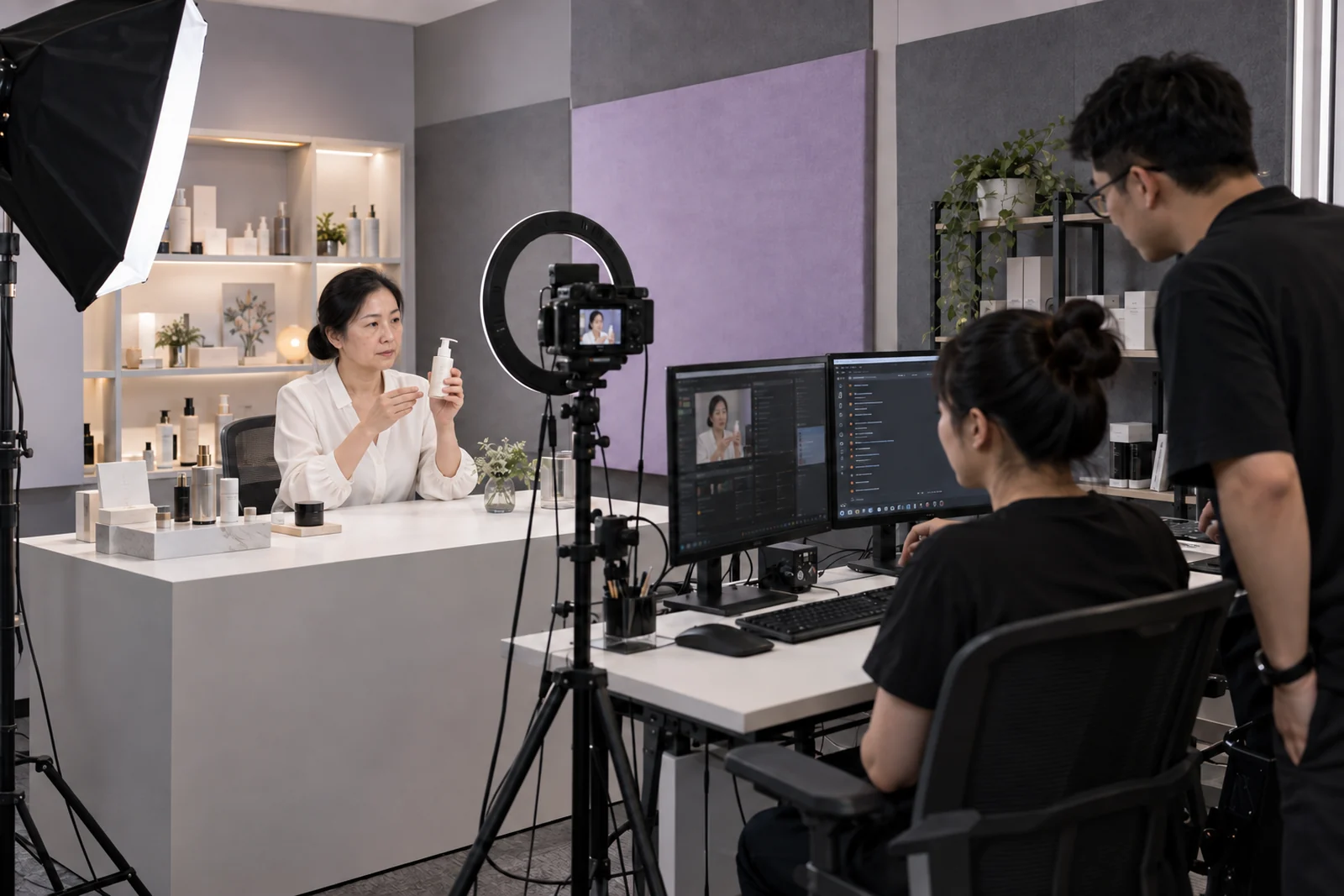 一位扎着头发、自然素颜的中年中国女性闭口展示瓶装产品。两位操作人员查看摄像机与电脑,监视器显示虚拟主播。